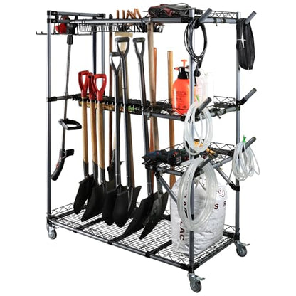 BIG Garden Tool Organizer with Wheels - Rolling Storage Rack - Multifunctional Cart