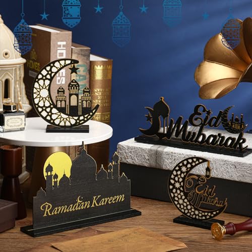 GlikCeil 4 Pcs Eid Al Adha Wooden Table Centerpieces Moon and Star Ramadan Wood Sign Eid Mubarak Tabletop Decor Islamic Mosque Muslim Al Fitr Black Gold Detachable Tiered Tray Decor for Home
