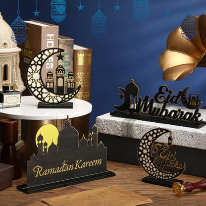 GlikCeil 4 Pcs Eid Al Adha Wooden Table Centerpieces Moon and Star Ramadan Wood Sign Eid Mubarak Tabletop Decor Islamic Mosque Muslim Al Fitr Black Gold Detachable Tiered Tray Decor for Home