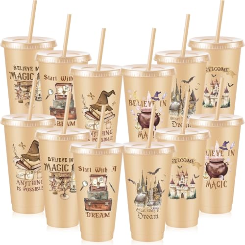 Chuangdi 12 Pcs Magical Wizard Party Cups Birthday Party Favors 24 oz Plastic Reusable Tumblers with Lids and Straws for Magical Wizard Birthday Supplies - style: Magical World