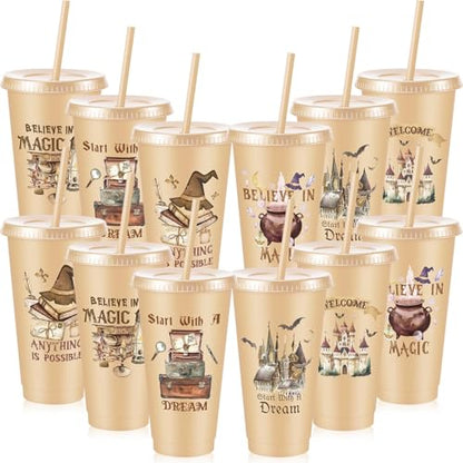 Chuangdi 12 Pcs Magical Wizard Party Cups Birthday Party Favors 24 oz Plastic Reusable Tumblers with Lids and Straws for Magical Wizard Birthday Supplies - style: Magical World