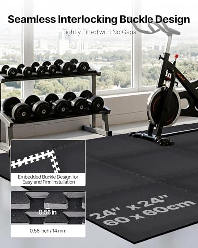 VEVOR 0.56Inch 48sq.ft 12 Tiles Gym Flooring for Home Gym, Rubber Top with High Density EVA Foam, 24 x 24In Gym Floor Exercise Equipment Mats, Interlocking Gym Mats, Puzzle Workout Mats, Black | Rubber Top with High Density EVA Foam, Lightweight Gym Floor