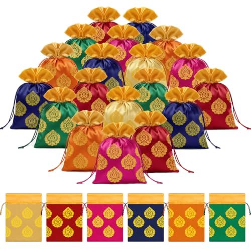 Kacctyen 48 Pcs Indian Return Gift Bags Bulk Traditional Potli Bags for Jewelry 6.7 x 9'' Banyan Leaf Print Fabric Return Gift Pouch with Drawstring for Pooja Diwali Housewarming Wedding Party Favor - color: Vintage, size: 1 Count (Pack of 48)