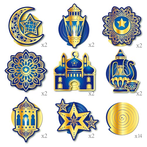30Pcs Ramadan Mubarak Hanging Swirls- Blue and Gold Ceiling Swirls Hanging Streames for Eid Ceiling Whirl Birthday Baby Shower Party Decorations