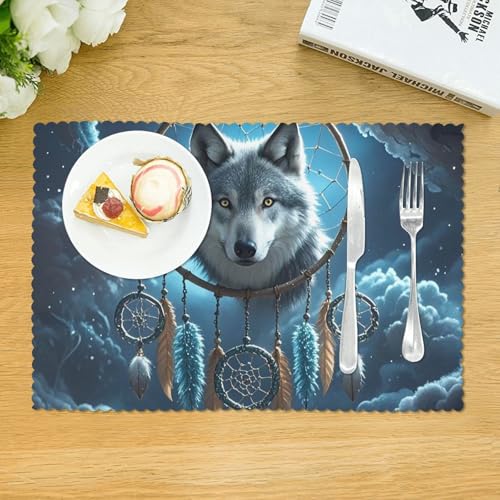Placemats Set of 4 Heat Resistant 3D Wolf Dream Catcher Place mat for Dining Table Non-Slip Table Mats Desktop Protection Pad Washable Place Mats for Kitchen Dining Outdoor - color: 3d Wolf Dream Catcher