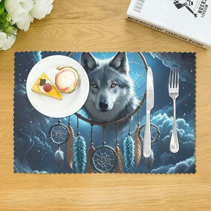 Placemats Set of 4 Heat Resistant 3D Wolf Dream Catcher Place mat for Dining Table Non-Slip Table Mats Desktop Protection Pad Washable Place Mats for Kitchen Dining Outdoor - color: 3d Wolf Dream Catcher