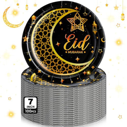 SiliFine 100 Pcs Eid Al Adha Islamic Ramadan Party Decorations Supplies Eid Adha Muslim Paper Plate Bulk 7 Inch Disposable Dessert Plate Mubarak Dinner Tableware Decoration(Black and Gold)