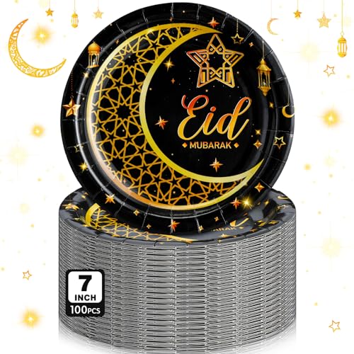 SiliFine 100 Pcs Eid Al Adha Islamic Ramadan Party Decorations Supplies Eid Adha Muslim Paper Plate Bulk 7 Inch Disposable Dessert Plate Mubarak Dinner Tableware Decoration(Black and Gold)