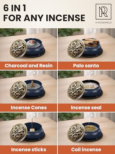 Frankincense Resin Incense Burner Set and Censer with Ash Catcher – Incense Holder for Charcoal, Sticks & Cones | Heat-Resistant Metal Design for Home, Meditation, Yoga - color: Burner Blue