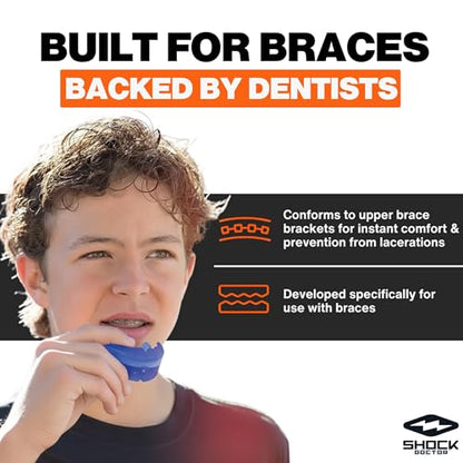 Shock Doctor Braces Football Mouth Guard, Upper and Lower Teeth. Convertible, Ultra Double Protection, Comfortable and Durable Mouthguard. - color: Blue