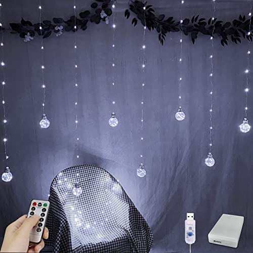 YOLIGHT Wishing Ball Curtain Lights 200 LED Window Curtain String Lights with Remote, USB Battery Powered Twinkle Globe Fairy Lights for Wedding Party Bedroom Halloween Christmas Decoration (White) - color: White