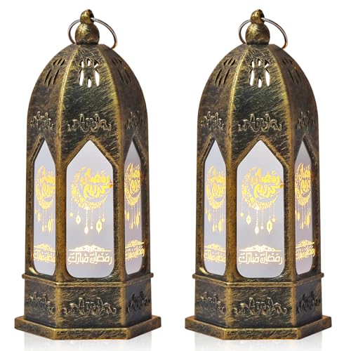 ABTOLS 2 Pieces Ramadan Lantern Lights，Hanging Lamp Eid Mubarak Flameless Candle Lanterns Mini Castle Moon Ramadan Hanging Candle Lantern Black Islamic Muslim Light Lantern for Home Tabletop Decor - color: Ll-em-17-2pcs
