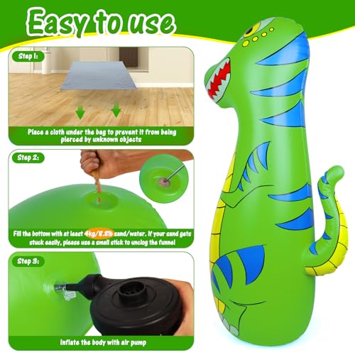 Punching Bag for Kids 47" Inflatable Dinosaur Bop Bag with Thicker Material Instant Bounce Back with Boxing Gloves Karate Kickboxing Taekwondo Kids Gift for Age 3-9 Girls & Boys - color: Green