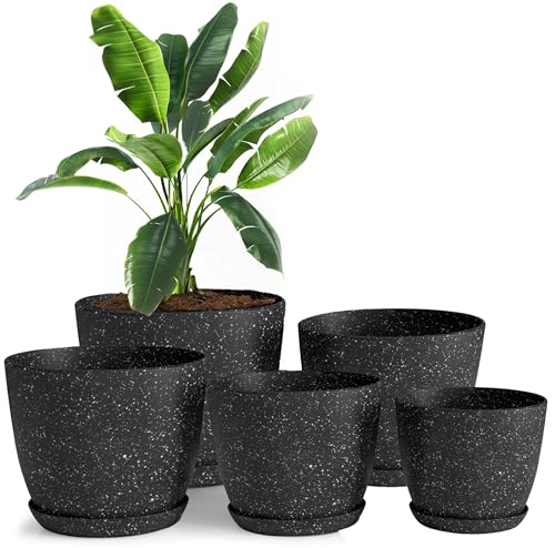 Plant Pots Indoor with Drainage 5 Pack Multi-Size Planters Set Spotty Black | Drainage holes included Multiple sizes 7/6.6/6/5.3/4.8 In Indoor plants and flowers Durable plastic construction - color: Speckled Black, size: Pack of 5
