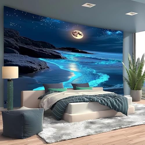 FENDROM 3D Fantasy Nature Sky Tapestry Stunningly Beautiful Moon Over Ocean Wall Hanging Landscape Wall Art Blanket for Bedroom Living Room - color: Blue, size: 79"L x 59"W