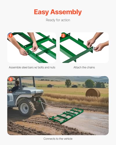VEVOR Drag Harrow, 6 ft Heavy Duty Tow Behind Drag Harrow with Adjustable Bars & 72 in Chain, Driveway Grader Landscape Rake for ATV, UTV, Tractor, Mower Tow Behind Yard Lawn Leveling Tool - size: 6 FT- Green
