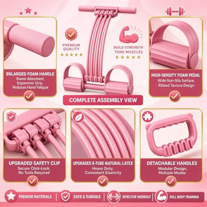 Pedal Resistance Band with Handle Upgraded 8-Tube Resistance Bands with Handles Set, 3-in-1 Multifunctional Chest Expander, Back Puller and Stretching Rope,Detachable Pedal Exerciser for Home - color: Pink