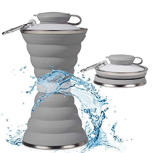 Collapsible Water Bottle, Camping Cup With Carabiner, Reuseable Silicone Foldable Leak Proof Portable Sports Travel Water Bottles For Outdoor, Travel Gym Hiking, BPA Free, Cycling Cups with Carabiner - color: Gray