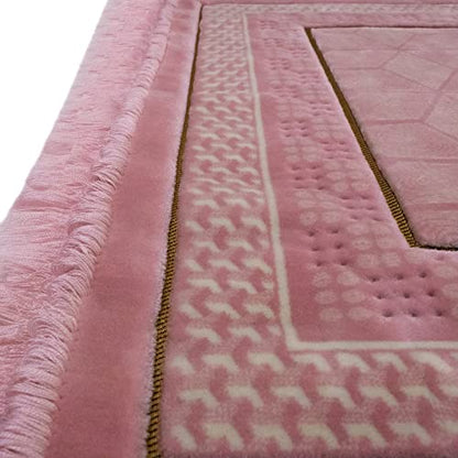 Modefa Turkish Islamic Velvet Prayer Rug - Thick & Wide Soft Praying Carpet for Men & Women - Double Plush Large Janamaz - Eid & Ramadan Gift - with Kufi, Beads & Car Hanger - Geometric Noor (Pink) - color: Pink