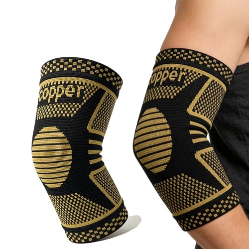 Copper Elbow Compression Sleeve, Tennis Elbow Brace for Men and Women, 4-Way Stretch, Pain Relief, Recovery, Arthritis, Tendonitis, Bursitis (Black-Copper, Medium) - size: Medium