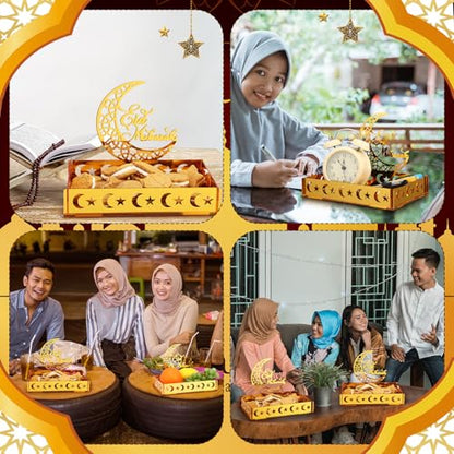 DoubleFill Ramadan Serving Tray Gold Eid Mubarak Holder Al-fitr Home Decoration for Moon Star Tray Gold Container for Home Islamic Muslim Party Tableware Kitchen Dessert Food Storage(Eid Mubarak) - style: Eid Mubarak