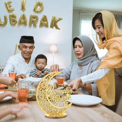 DoubleFill Acrylic Wooden Islamic Ramadan Decoration - 10 Inch Eid Tabletop Decors Ramadan Mubarak Centerpiece Islamic Mosque Muslim Table Sign Decoration Home Decor for Gift Eid Tabletop(Gold)