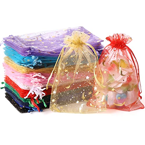 100PCS Moon Star Organza Bags, 4x6" Wedding Favors Bags with Drawstring, Mixed Color Little Mesh Gift Pouches Candy Organza Gift Bags for Party, Jewelry, Christmas, Mother's Day, Festival, Eid Mubarak Party Favor Bags - color: mixed color