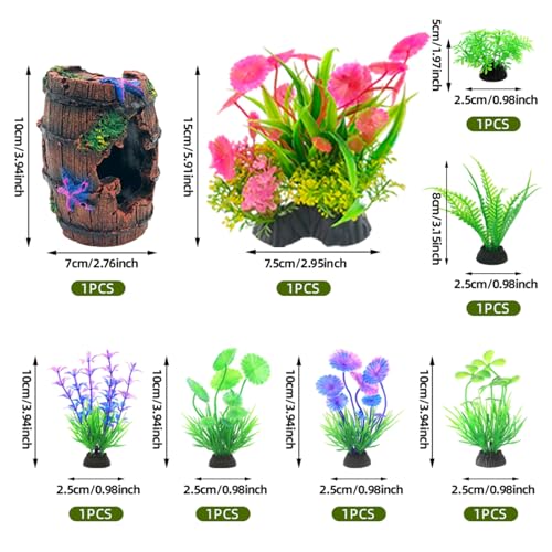 Fish Tank Decorations kit, Aquarium Decor Starfish Broken Barrel x 1pc, Fish Tank Accessories Aquatic Plants x 7pcs