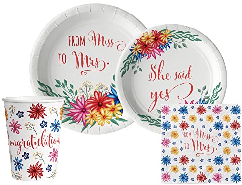 Bridal: From Miss to Mrs (Colorful Floral) Tableware Pack: Disposable Paper Plates, Napkins and Cups Set for 20 - color: Bridal: from Miss to Mrs (Colorful Floral)