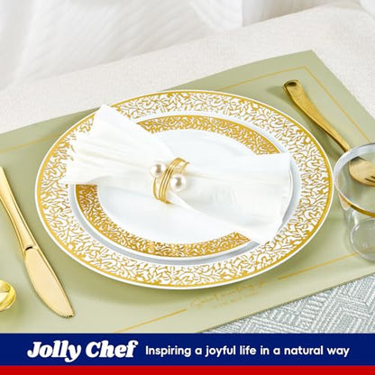 150 Count Gold Plastic Dinnerware Set, Elegant Disposable Include: 25 Gold Lace Plastic Plates, 25 Dessert Plates, 25 Forks, 25 Knives, 25 Spoons, 25 Cup, Ideal for Party, Birthday and Thanksgiving