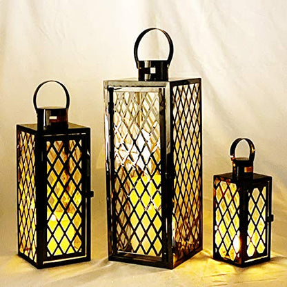 allgala Lantern Jumbo Deluxe Modern Indoor/Outdoor Candle Stainless Steel Rectangular Frame with Lattice Grid Tempered Glass for Garden Poolside Fireplace Wedding (Pack of 3, 12 Inch, Black) - color: Diamond Black