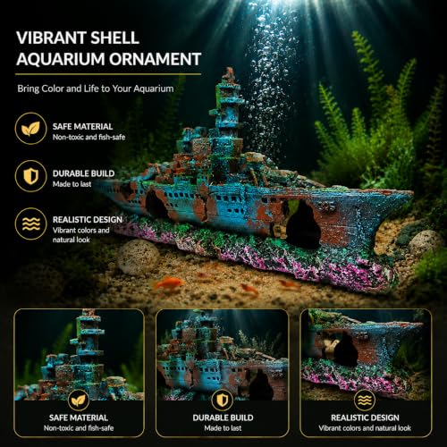 Eco-Friendly Resin Aquarium Shipwreck Decor, Realistic Sunken Ship Fish Tank Ornament, Safe Hideout & Landscaping Accessory for Betta Fish, Freshwater and Saltwater Aquariums