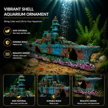 Eco-Friendly Resin Aquarium Shipwreck Decor, Realistic Sunken Ship Fish Tank Ornament, Safe Hideout & Landscaping Accessory for Betta Fish, Freshwater and Saltwater Aquariums