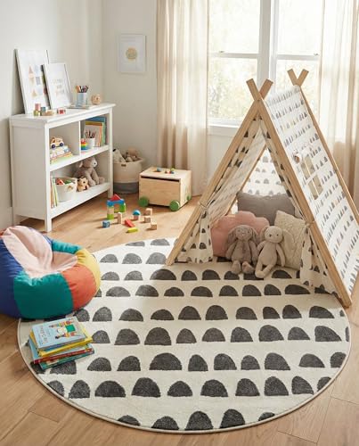 Rugs.com Whimsy Kids Collection Rug – 5 Ft Round Ivory and Gray Medium-Pile Rug Perfect for Kitchens, Dining Rooms - color: Ivory and Gray, size: 5' Round