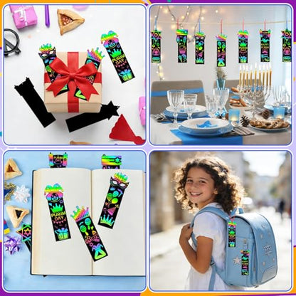JUNEBRUSHS 30Pcs Purim Scratch Bookmarks, Rainbow Magic Scratch Paper Art Purim DIY Craft Kit for Students Classroom Activity Party Supplies - style: Purim Style