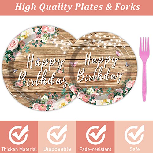 96PCS Spring Floral Birthday Party Plates Wood Grain Pink Flower Rustic Tableware Set for Girls Kids Bridal Shower Party Supplies Wooden Birthday Paper Plates Napkins Decorations for 24 Guests - style: Pink Floral