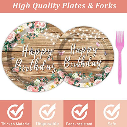 96PCS Spring Floral Birthday Party Plates Wood Grain Pink Flower Rustic Tableware Set for Girls Kids Bridal Shower Party Supplies Wooden Birthday Paper Plates Napkins Decorations for 24 Guests - style: Pink Floral