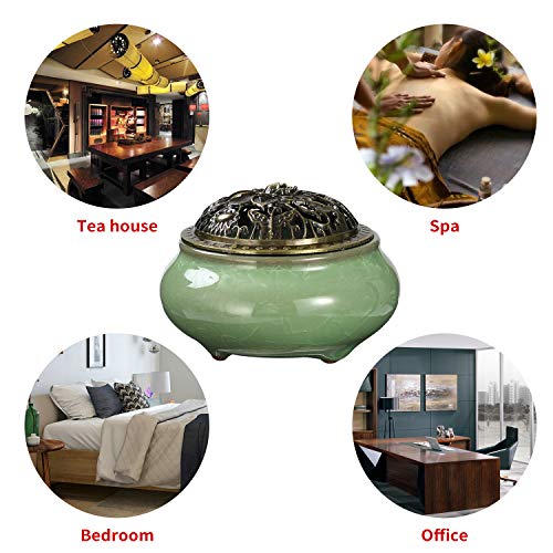 Miupoo Stick Incense Burner and Cone Incense Holder with Brass Incense Stick Holder Ceramic Ash Catcher (Light Green) - color: Light Green