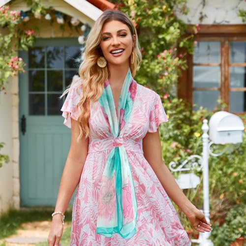 E-Clover Women Soft Floral Print Shawl Chiffon Sheer Scarf - color: Teal Pink-01