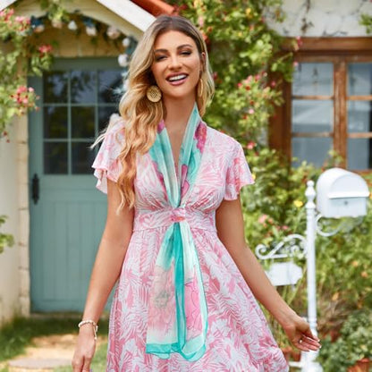 E-Clover Women Soft Floral Print Shawl Chiffon Sheer Scarf - color: Teal Pink-01