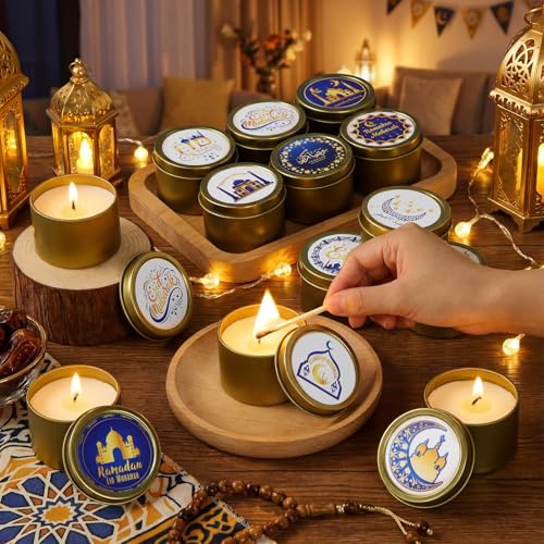 Nuanchu 24 Pack Eid Mubarak Scented Candles Gift 2 oz Blue Gold Star and Moon Design Ramadan Aromatherapy Soy Wax Jars Lasting Bulk Favors for Home Islamic Holiday Party Decor - style: Blue Gold Star and Moon Design