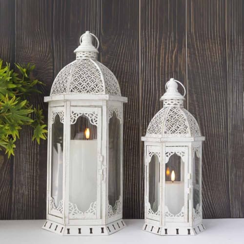 JHY DESIGN Set of 2 Decorative Candle Lanterns 22"&17" H Outdoor Vintage Metal Candle Holder for Garden Living Room Indoor Parties Weddings Patio Home Decor(White with Gold Brush) - color: 22"&17"H White with Gold Brush