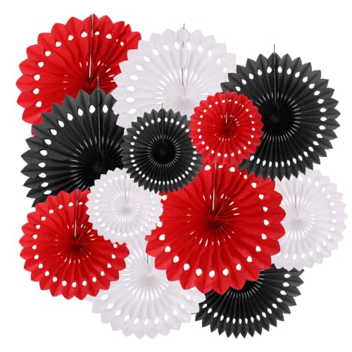 ZOOYOO Hanging Paper Fans Party Decorations,12 Pcs Red Black White Honeycomb Round Fans,Ceiling Decor for Birthday,Wedding,Casino Theme Party Backdrop - color: Red Black White