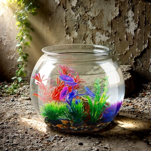 1 Gallon Plastic Betta Fish Bowl with 6 Pcs Artificial Plastic Plants and 500g Decorative Gravel, Betta Fish Tank and Decoration Accessories Small Large Bowl Ornaments Starter Kit - size: 1 Gallon