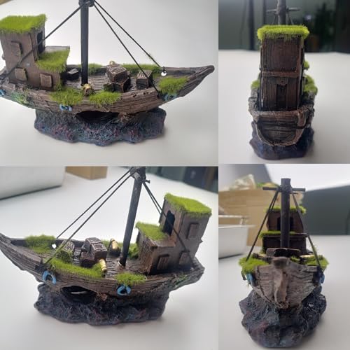 kathson Betta Fish Tank Shipwreck,Aquarium Sunken Ship Decorations Resin Sunken Boat with Cave Hideouts Fish Tank Shipwrecks Decor Saltwater Freshwater Aquarium Ornaments for Hiding Accessories - style: Sunken ship (B)