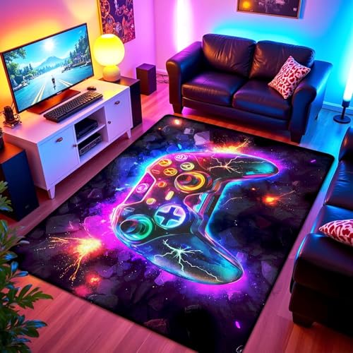 4x6 ft Neon Gaming Area Rug for Boys Room, Colorful Game Controller Carpet for Gamer Room Decor, Low Pile Non-Slip Video Game Rug for Teens Playroom or Game Zone - 03 - size: 4x6 ft