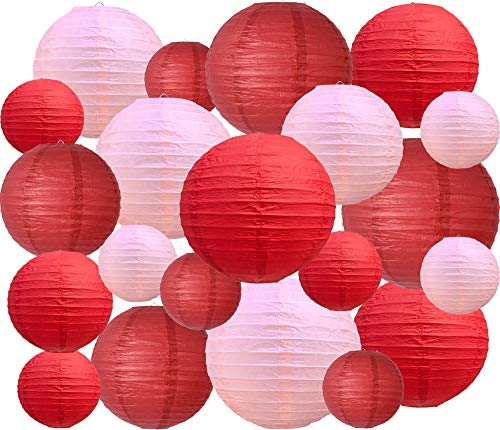 BEISHIDA 21 Pcs Red Pink Round Paper Lanterns Decorative Hanging Asia Chinese Japanese Paper Lanterns Lamp for Valentine's Day Anniversary Birthday Wedding Baby Bridal Shower Party Decoration - color: Red Pink, size: 4、6、8、10、12 Inch