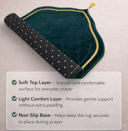 Islamika Prayer Mat Islamic Muslim Rug - Thick Padded mat Sajadah Men Women with Islam Prayer Beads for Eid Travel Ramadan, Soft and Padded (Green) - color: Green