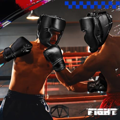 Arrowbash Set of 2 Boxing Headgear and Gloves for Adults 10oz Boxing Gloves Full Face Headgear Sparring Equipment for Martial Arts Muay Kickboxing Taekwondo Karate Training - color: Black, style: Classic