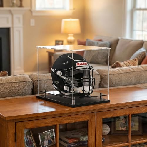 Football Helmet Display Case Full Size,Acrylic Helmet Display Case Black Acrylic Base,Self-Assembly Helmet Display Box Protection Holder Dustproof Sports Collectibles Storage Showcase - size: 14.2x11x12.6 inch